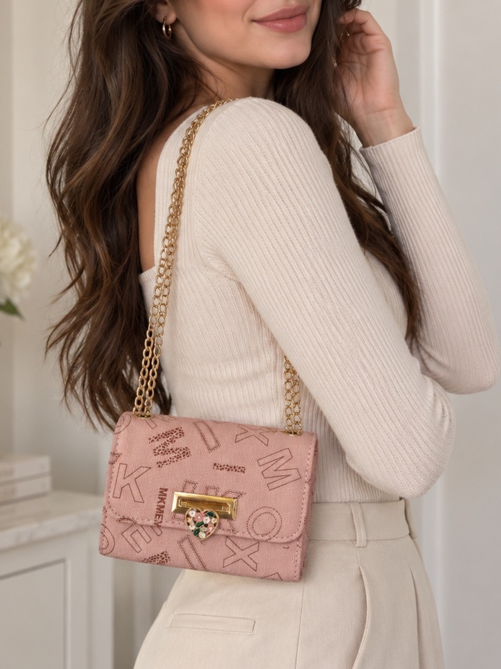 Michael Kors Pink Mini Chain Shoulder Bag with Gold Hardware